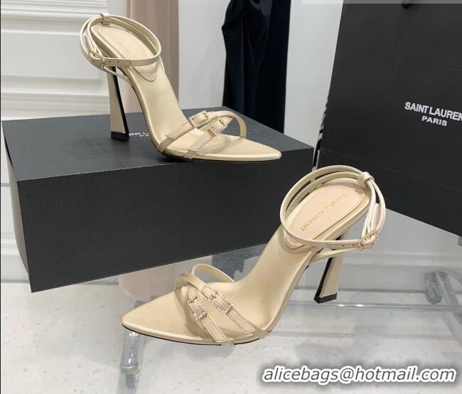 Low Cost Saint Laurent Lila Silk and Leather High Heel Sandals 11cm with Crystal Buckle Light Beige 022539