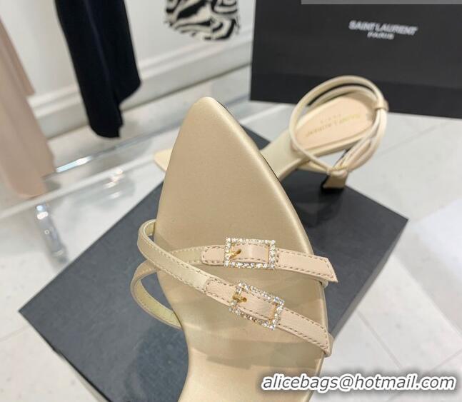 Low Cost Saint Laurent Lila Silk and Leather High Heel Sandals 11cm with Crystal Buckle Light Beige 022539