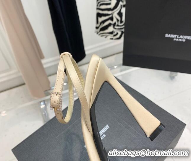 Low Cost Saint Laurent Lila Silk and Leather High Heel Sandals 11cm with Crystal Buckle Light Beige 022539