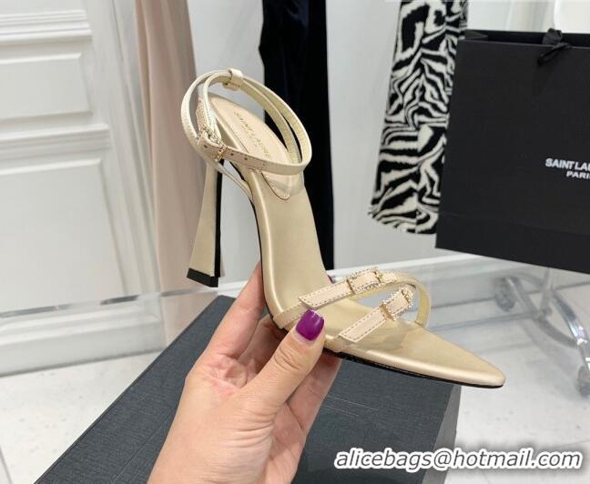 Low Cost Saint Laurent Lila Silk and Leather High Heel Sandals 11cm with Crystal Buckle Light Beige 022539