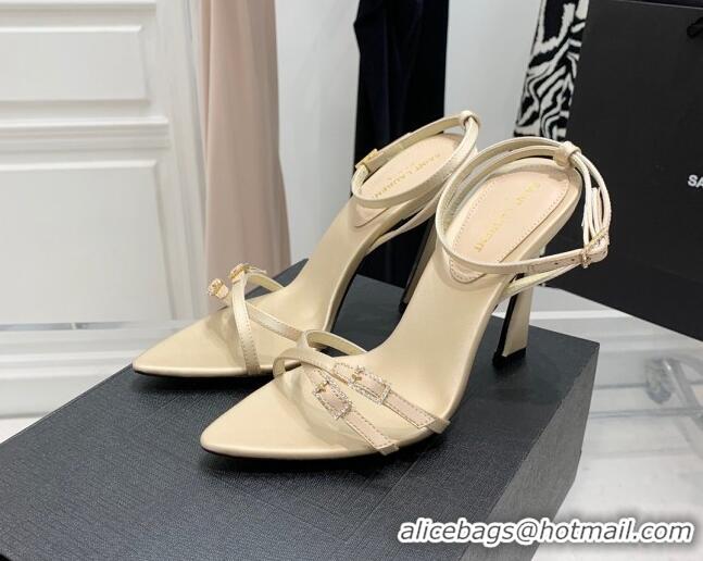 Low Cost Saint Laurent Lila Silk and Leather High Heel Sandals 11cm with Crystal Buckle Light Beige 022539