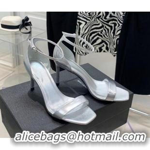 Top Grade Saint Laurent Amber Metallic Leather High Heel Sandals 8.5cm Silver 3022545