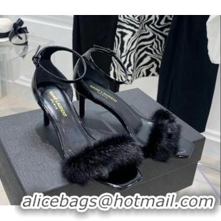 Unique Style Saint Laurent Amber Patent Leather High Heel Sandals 8.5cm with Mink Fur All Black 022546