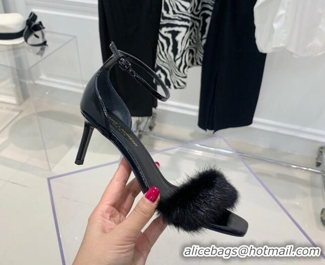 Unique Style Saint Laurent Amber Patent Leather High Heel Sandals 8.5cm with Mink Fur All Black 022546