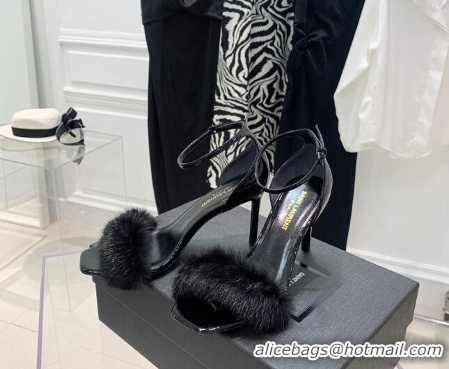 Unique Style Saint Laurent Amber Patent Leather High Heel Sandals 8.5cm with Mink Fur All Black 022546