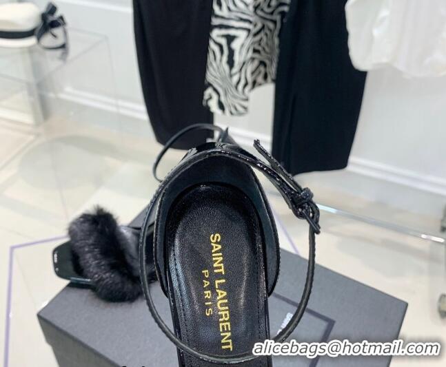 Unique Style Saint Laurent Amber Patent Leather High Heel Sandals 8.5cm with Mink Fur All Black 022546