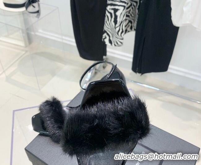 Unique Style Saint Laurent Amber Patent Leather High Heel Sandals 8.5cm with Mink Fur All Black 022546