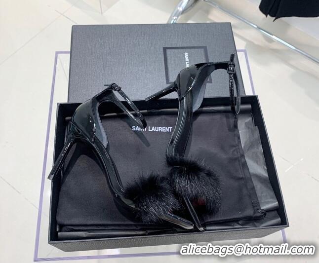 Unique Style Saint Laurent Amber Patent Leather High Heel Sandals 8.5cm with Mink Fur All Black 022546