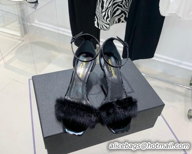 Unique Style Saint Laurent Amber Patent Leather High Heel Sandals 8.5cm with Mink Fur All Black 022546