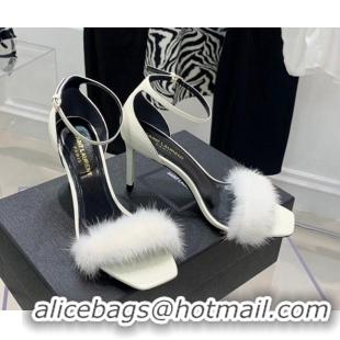 Grade Quality Saint Laurent Amber Patent Leather High Heel Sandals 8.5cm with Mink Fur White 022547