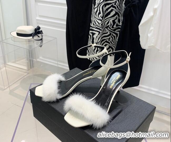 Grade Quality Saint Laurent Amber Patent Leather High Heel Sandals 8.5cm with Mink Fur White 022547