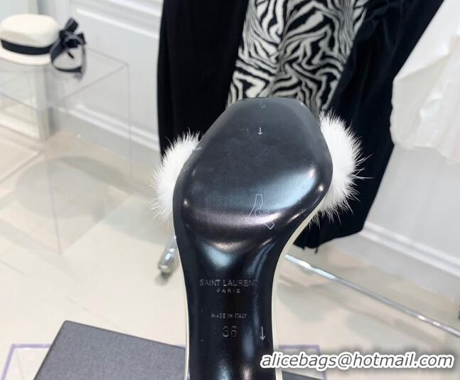 Grade Quality Saint Laurent Amber Patent Leather High Heel Sandals 8.5cm with Mink Fur White 022547