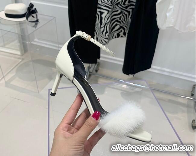 Grade Quality Saint Laurent Amber Patent Leather High Heel Sandals 8.5cm with Mink Fur White 022547