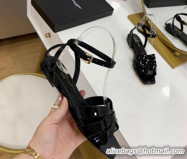 Best Grade Saint Laurent Tribute Patent Leather Flat Sandals Black 022549