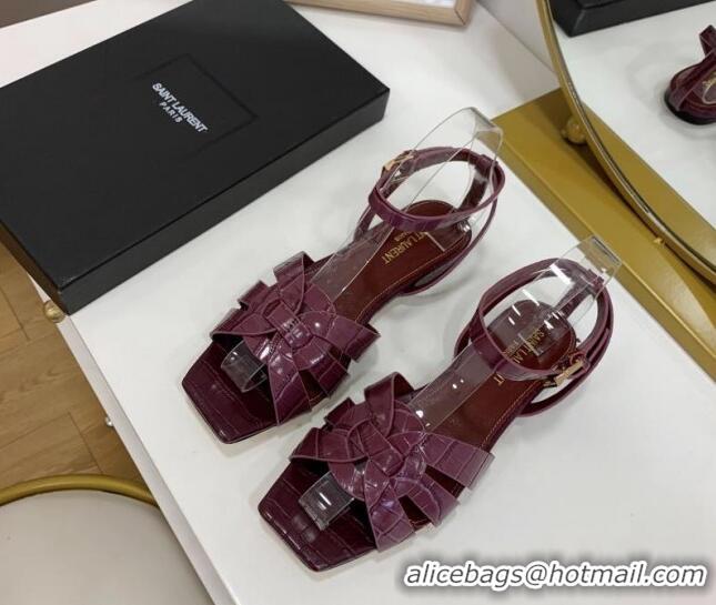 Discount Saint Laurent Tribute Stone Embossed Leather Flat Sandals 022556 Burgundy