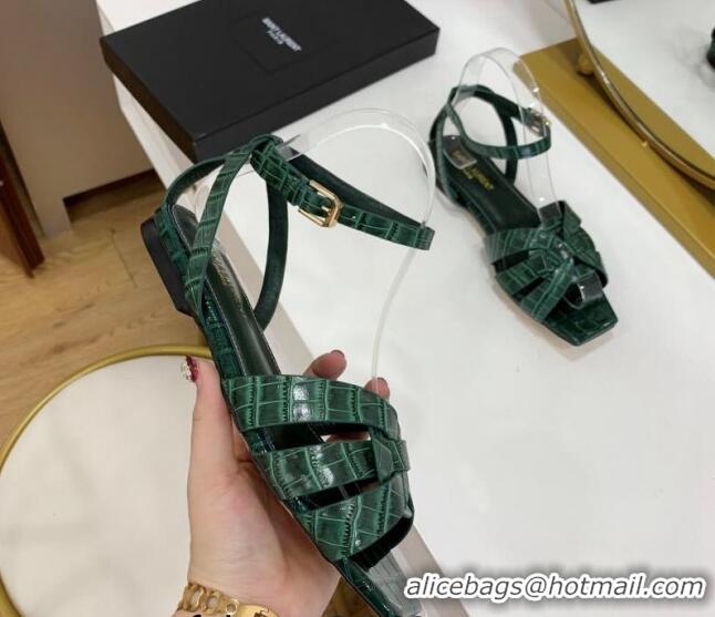 Lower Price Saint Laurent Tribute Stone Embossed Leather Flat Sandals 022556 Green