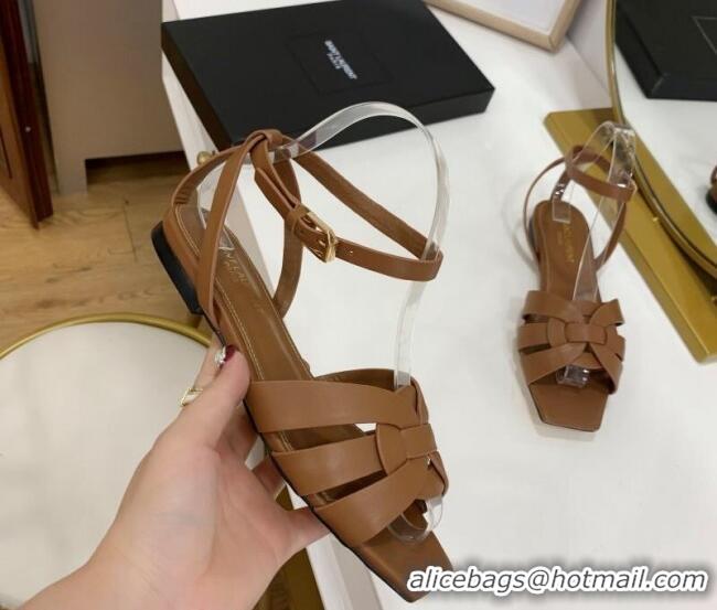 Best Grade Saint Laurent Tribute Calf Leather Flat Sandals 022557 Brown