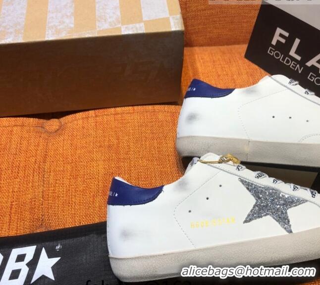 ​Reasonable Price Golden Goose V-Star Calfskin Sneaker with Glitter Star G0162 White/Blue 2022