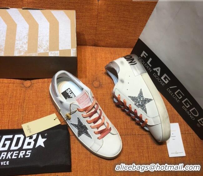 Super Quality Golden Goose Private EDT Calfskin Sneakers with Glitter G0176 Silver Star White 2022