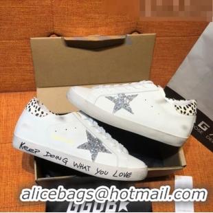 Famous Brand Golden Goose Super-Star Calfskin Sneakers with Glitter G0177 Silver Star White 2022