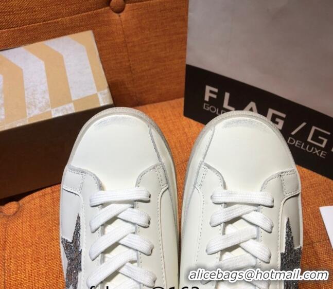 Famous Brand Golden Goose Super-Star Calfskin Sneakers with Glitter G0177 Silver Star White 2022