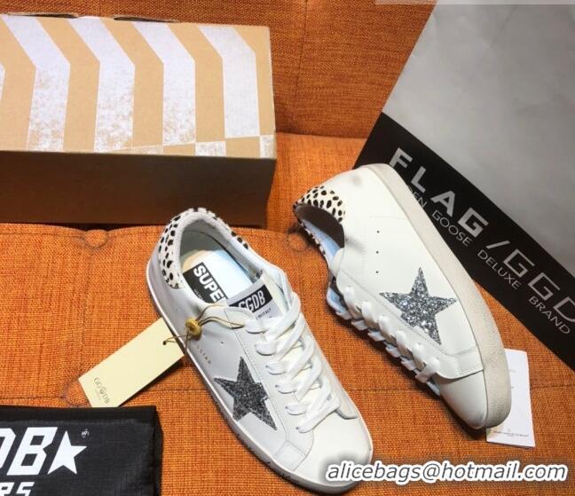 Famous Brand Golden Goose Super-Star Calfskin Sneakers with Glitter G0177 Silver Star White 2022