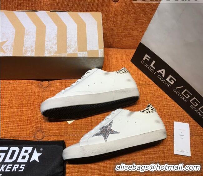 Famous Brand Golden Goose Super-Star Calfskin Sneakers with Glitter G0177 Silver Star White 2022