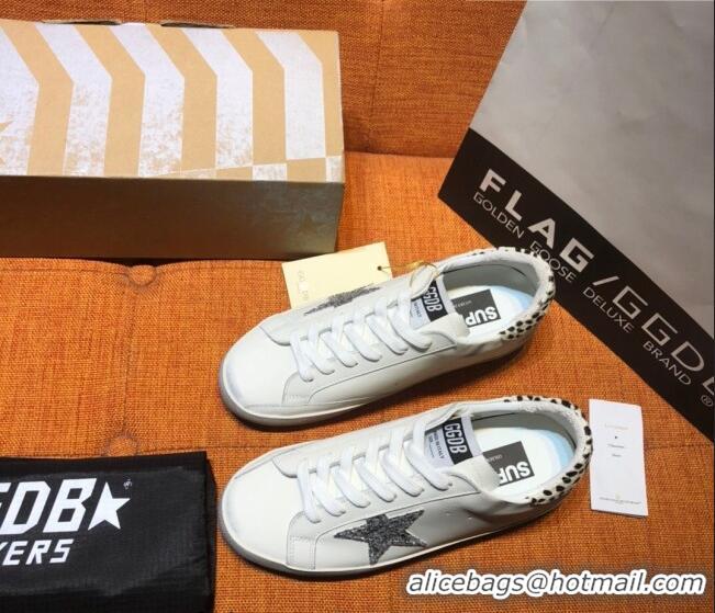 Famous Brand Golden Goose Super-Star Calfskin Sneakers with Glitter G0177 Silver Star White 2022