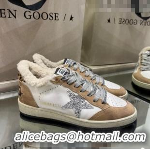 Discount Golden Goose Ball Star Sneakers in Leather and Shearling with Glitter Silver Star G0182 White/Brown 2022