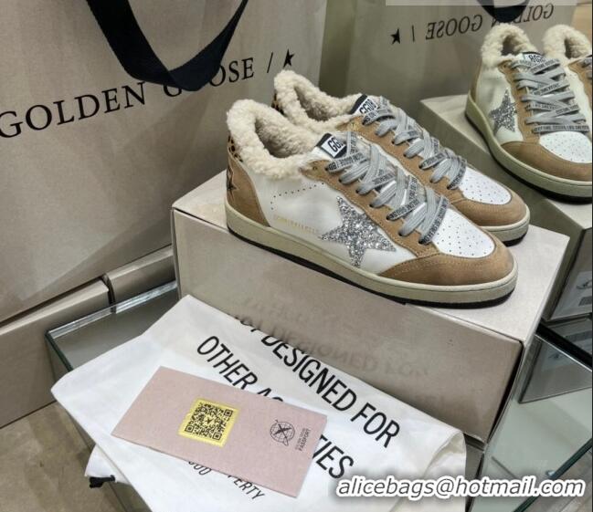 Discount Golden Goose Ball Star Sneakers in Leather and Shearling with Glitter Silver Star G0182 White/Brown 2022