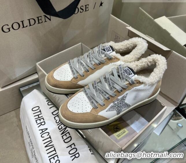 Discount Golden Goose Ball Star Sneakers in Leather and Shearling with Glitter Silver Star G0182 White/Brown 2022