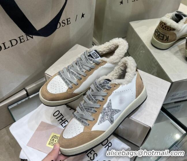 Discount Golden Goose Ball Star Sneakers in Leather and Shearling with Glitter Silver Star G0182 White/Brown 2022