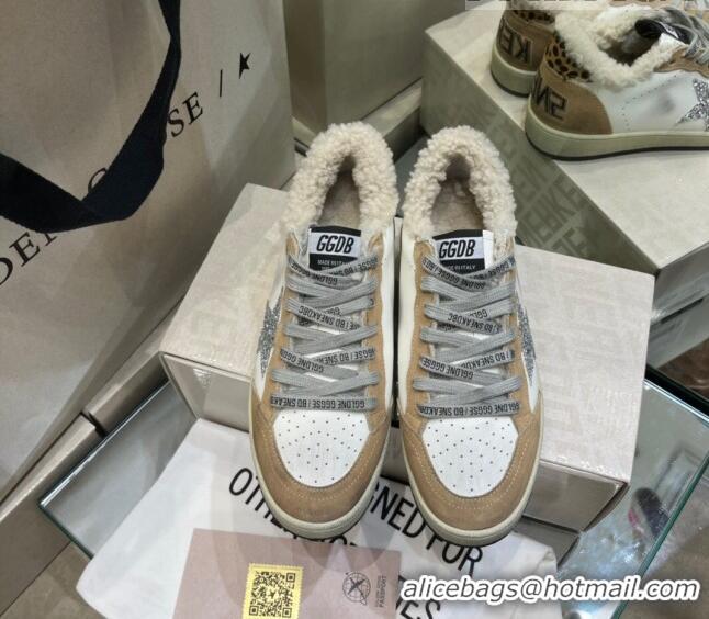 Discount Golden Goose Ball Star Sneakers in Leather and Shearling with Glitter Silver Star G0182 White/Brown 2022