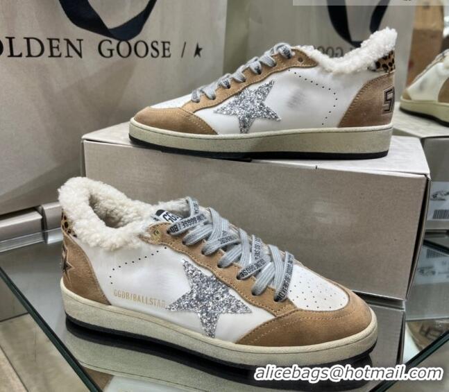 Discount Golden Goose Ball Star Sneakers in Leather and Shearling with Glitter Silver Star G0182 White/Brown 2022