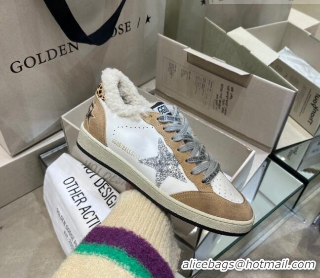 Discount Golden Goose Ball Star Sneakers in Leather and Shearling with Glitter Silver Star G0182 White/Brown 2022