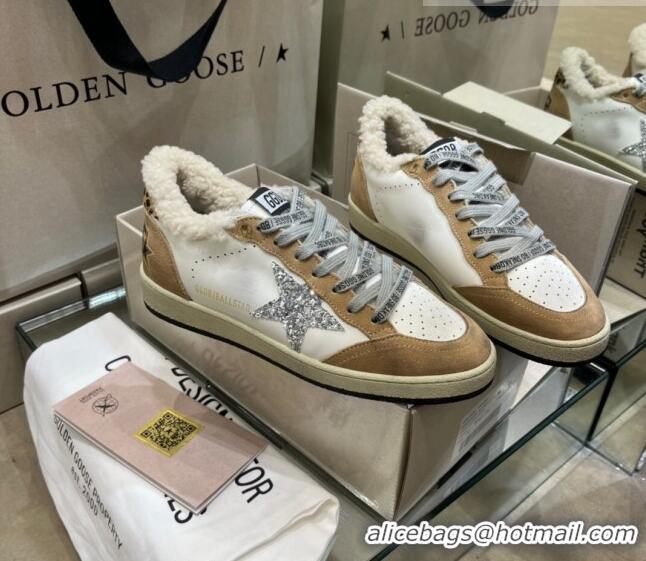 Discount Golden Goose Ball Star Sneakers in Leather and Shearling with Glitter Silver Star G0182 White/Brown 2022