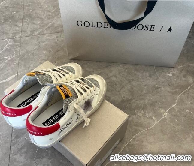 Free Shipping Golden Goose Super-Star Sneakers in Calfskin and Glitter with G0189 Grey Star White 2022