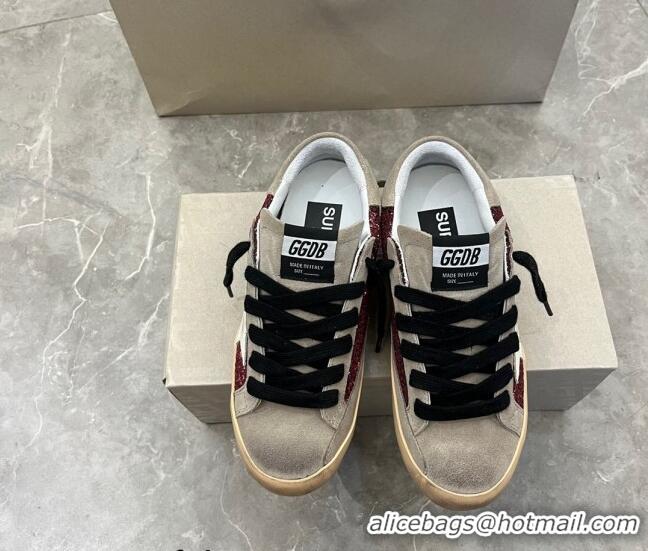 ​Pretty Style Golden Goose Super-Star Sneakers in Red glitter and grey suede with white leather star 9050 2023