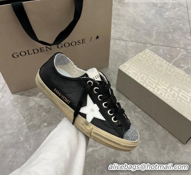 ​Grade Design Golden Goose V-Star 2 Sneakers in black nappa leather with white star and crystal 0108 2023