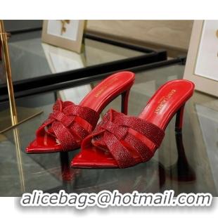 Good Product Saint Laurent Leather Point Toe Heel Slide Sandals with Crystals Red 0324030