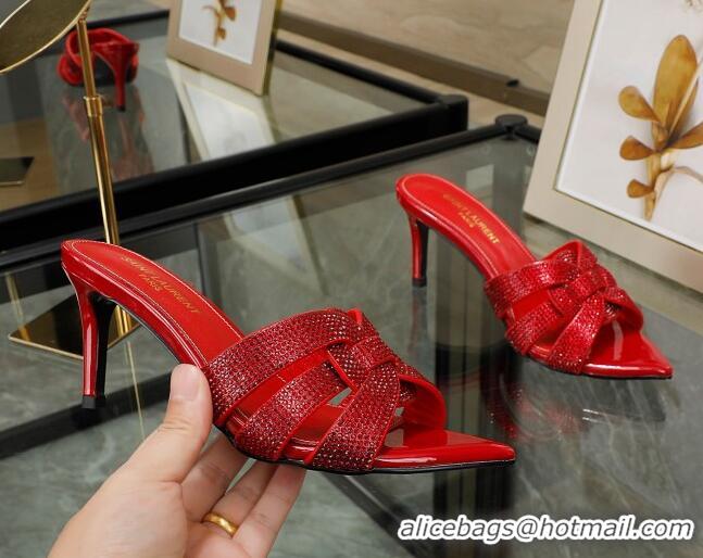 Good Product Saint Laurent Leather Point Toe Heel Slide Sandals with Crystals Red 0324030