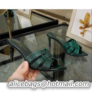 Top Design Saint Laurent Leather Point Toe Heel Slide Sandals with Crystals Green 0324032