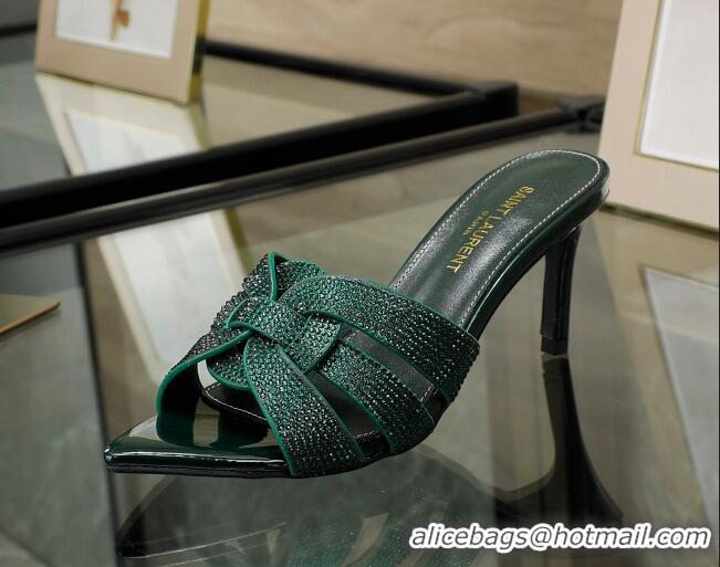 Top Design Saint Laurent Leather Point Toe Heel Slide Sandals with Crystals Green 0324032