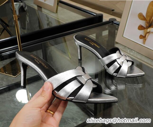 Duplicate Saint Laurent Metallic Leather Point Toe Heel Slide Sandals Silver 0324033