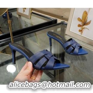 Stylish Saint Laurent Lambskin Point Toe Heel Slide Sandals Blue 0324038