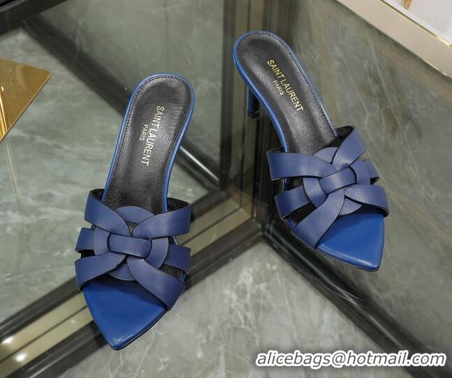 Stylish Saint Laurent Lambskin Point Toe Heel Slide Sandals Blue 0324038