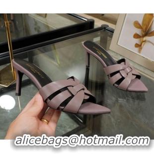 Charming Saint Laurent Lambskin Point Toe Heel Slide Sandals Powder Pink 0324039