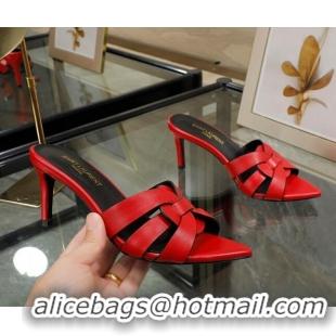 Top Grade Saint Laurent Lambskin Point Toe Heel Slide Sandals Red 0324040