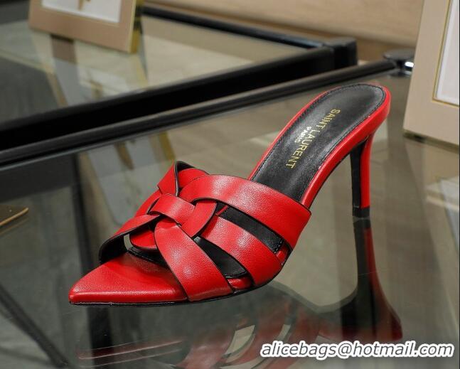 Top Grade Saint Laurent Lambskin Point Toe Heel Slide Sandals Red 0324040