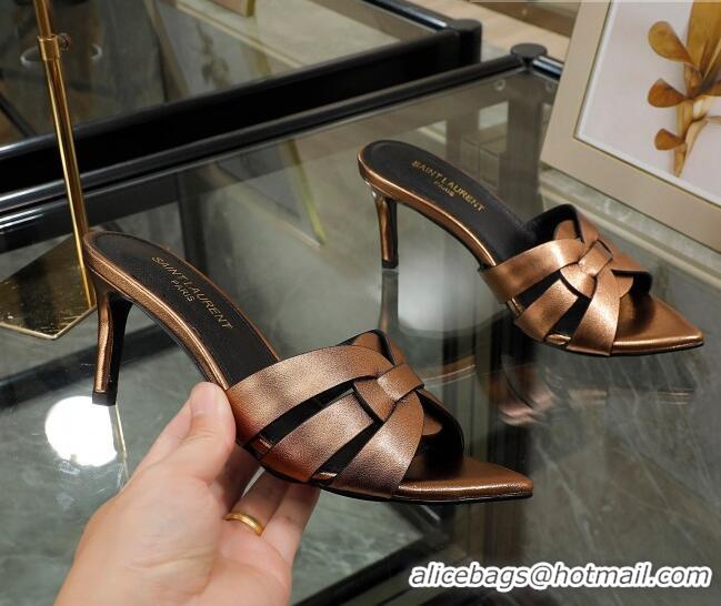 Durable Saint Laurent Lambskin Point Toe Heel Slide Sandals Bronze Gold 0324041